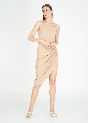 Asymmetric Linen String Dress (Tan)