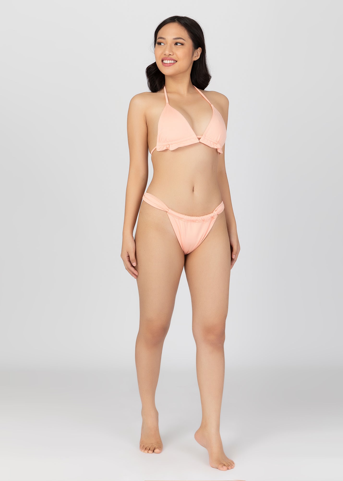 Ruched Triangle Bikini Top and High-Cut Bikini Bottom Set (Peach)