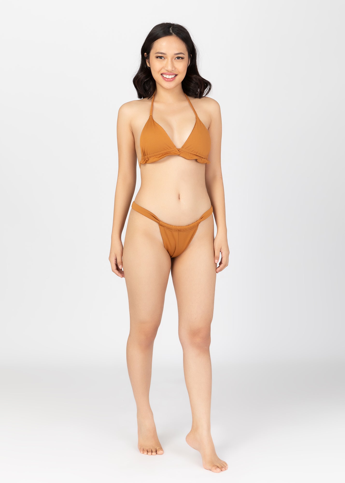 Ruched Triangle Bikini Top and High-Cut Bikini Bottom Set (Copper)